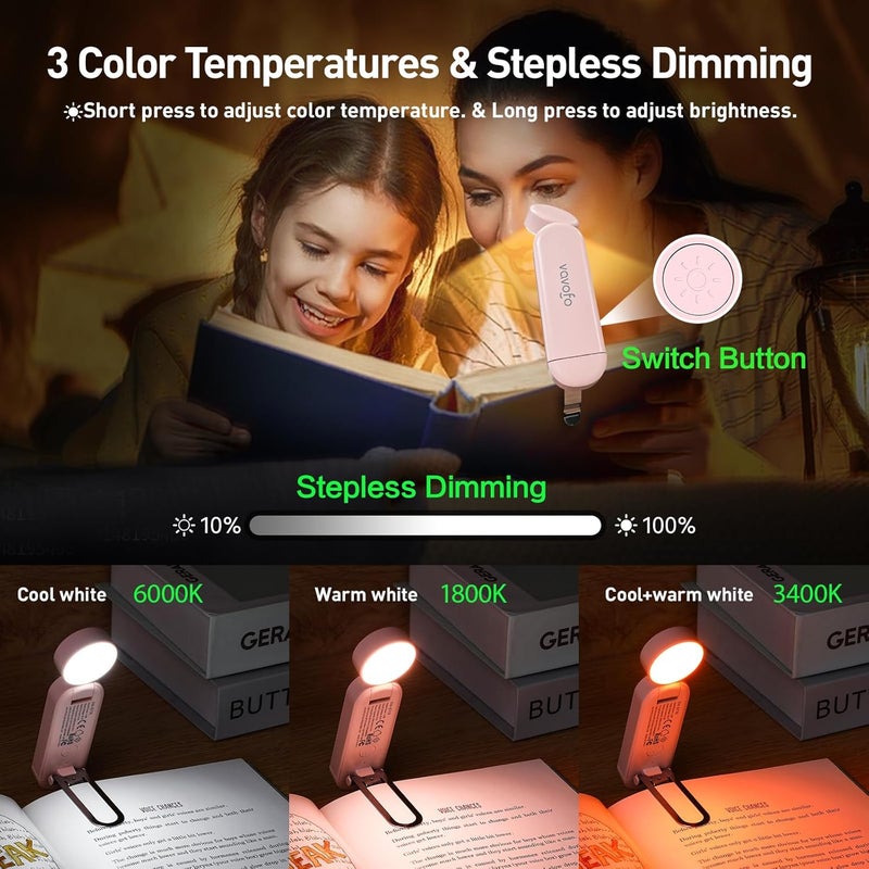 vavofo USB Rechargeable Book Light, Blue Lighting Blocking, Amber Light Clip On Bookmark Shaped 6 LEDs Reading Light, Eye Care for Bookworms Reading in Bed with 9 Lighting Modes (Light Pink) - Image 3